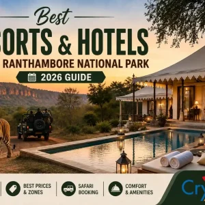Luxury resort with pool near Ranthambore National Park at sunset