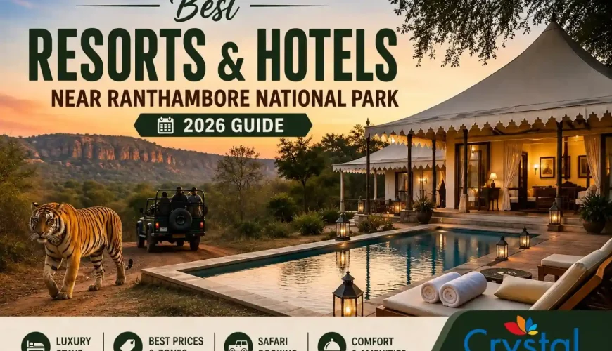 Luxury resort with pool near Ranthambore National Park at sunset