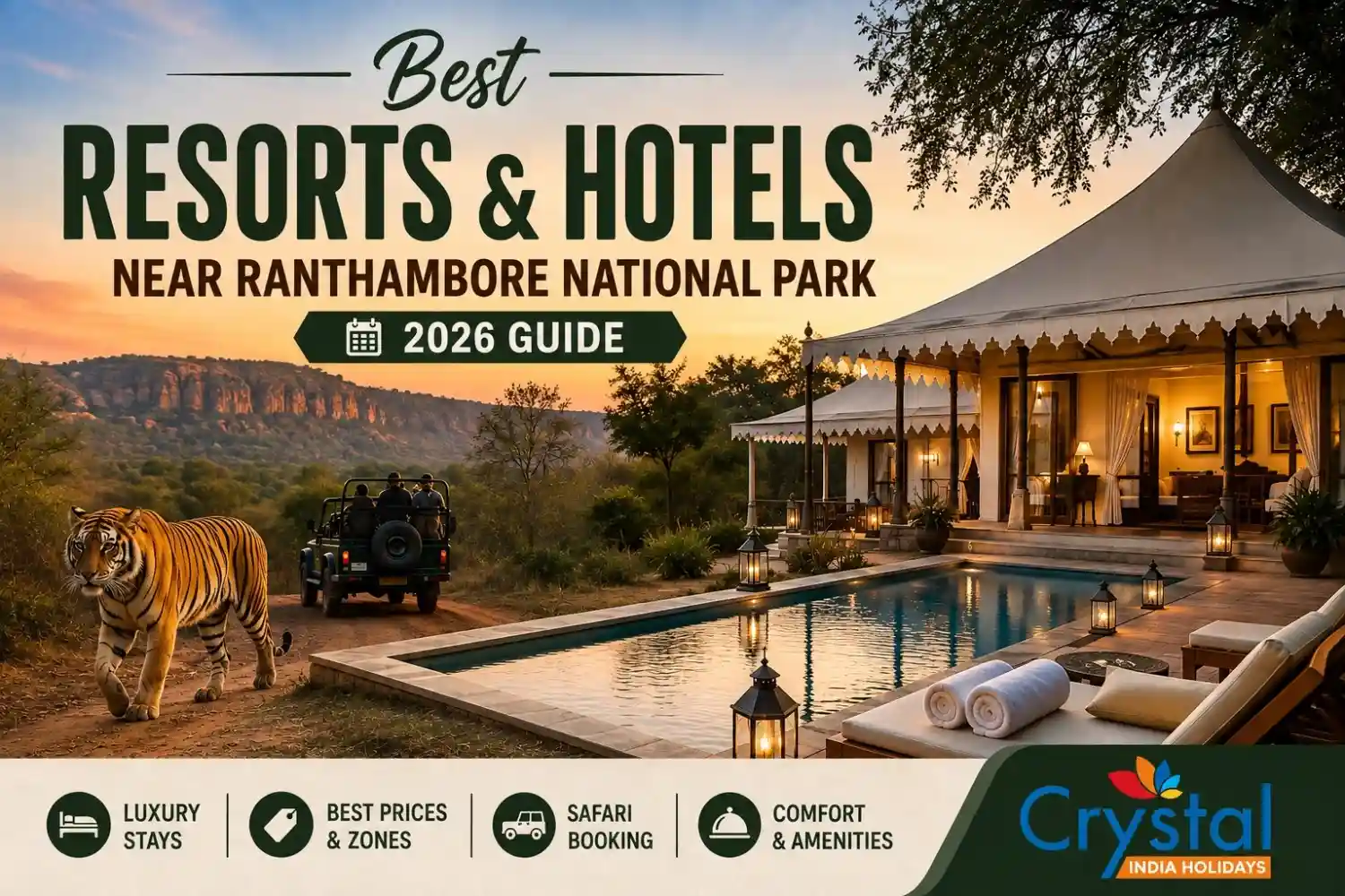 Luxury resort with pool near Ranthambore National Park at sunset