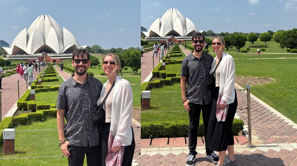 Crystal India Holidays couple standing on the landscaped pathway leading to the iconic Lotus Temple, Delhi