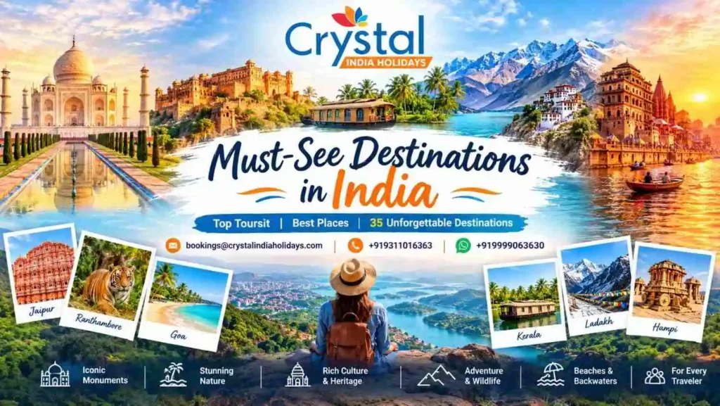 Panoramic view of India’s must-see destinations, featuring the Taj Mahal, Rajasthan forts, Kerala backwaters, Ladakh mountains, and Varanasi ghats.