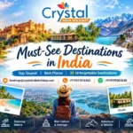 Panoramic view of India’s must-see destinations, featuring the Taj Mahal, Rajasthan forts, Kerala backwaters, Ladakh mountains, and Varanasi ghats.